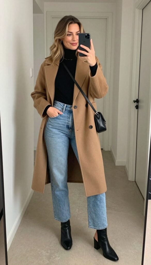 6. Turtleneck + Wide-Leg Jeans + Heeled Mules