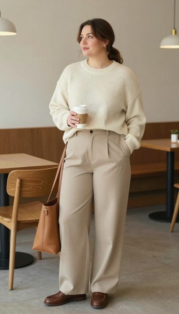 1. Cream Cashmere Sweater and Wide-Leg Trousers