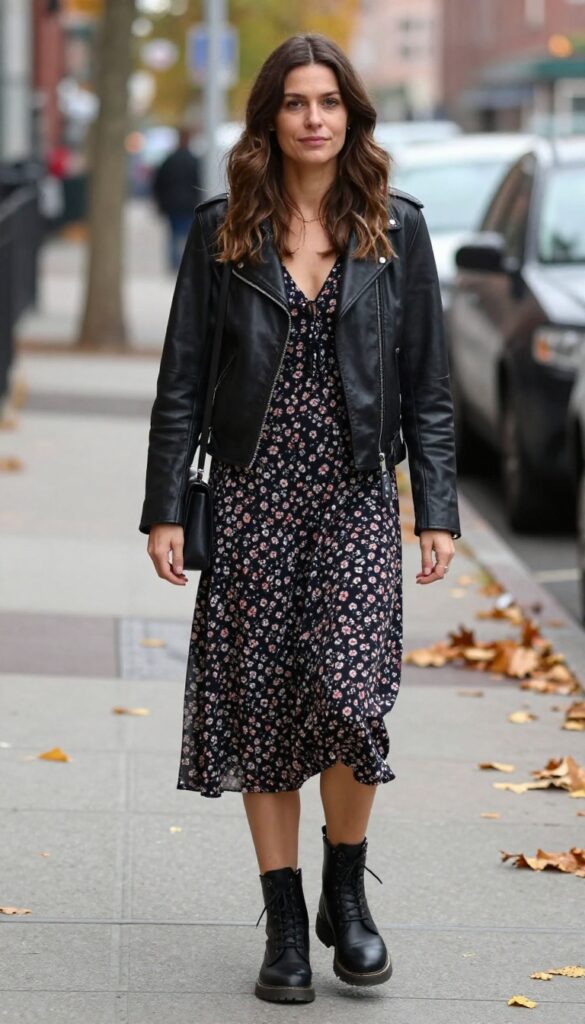 7. Leather Moto Jacket + Floral Dress + Combat Boots