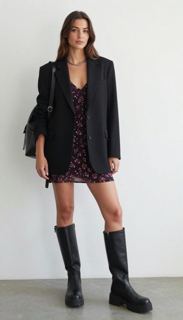 6. Dark Floral Midi Dress + Black Blazer + Chunky Boots