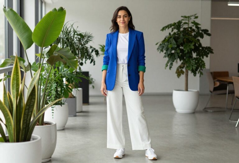 Woman in color-blocked blazer and wide-leg trousers standing in office hallway