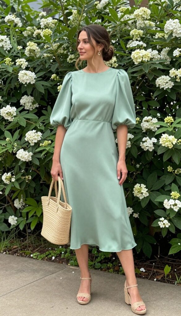 Woman in sage green silk midi dress with puffed sleeves, woven wedges, straw tote, and gold earrings in a garden setting.