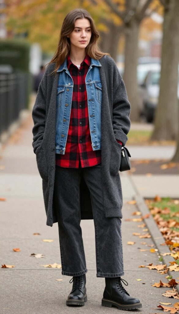 13. Layered Plaid and Denim Jackets with Wide-Leg Jeans and Boots