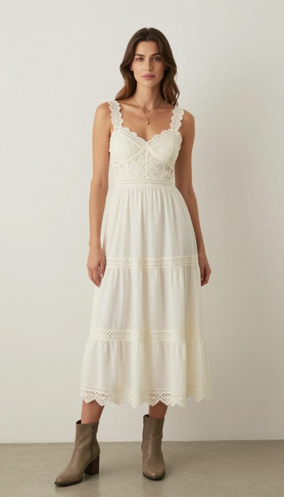 Woman in ivory lace-trimmed corset maxi dress with block-heel ankle boots in garden
