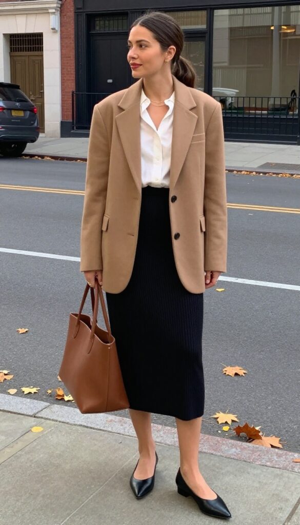 10. Knit Pencil Skirt with Oversized Blazer and Pointed Flats