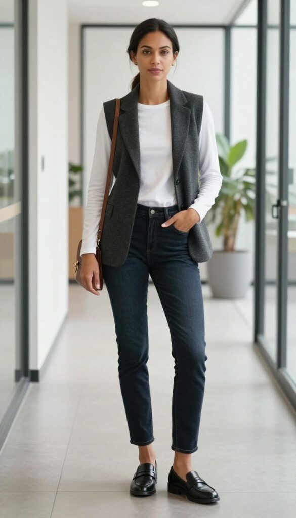 12. Vest + Long-Sleeve Tee + Slim Jeans
