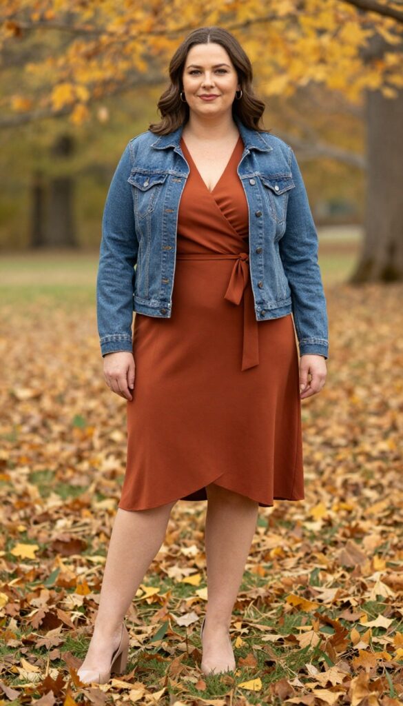 1. Rust Wrap Dress with Denim Jacket