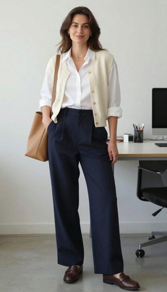 7. Ivory Knit Vest + White Button-Down + Wide-Leg Trousers