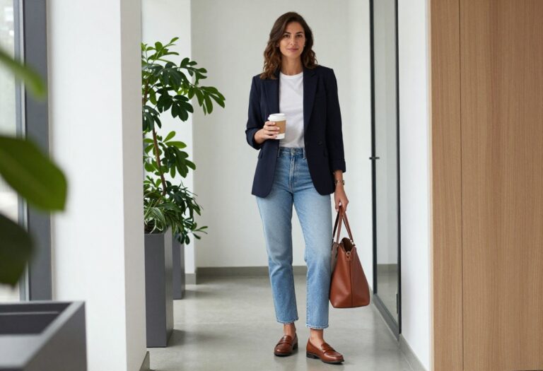 Woman in blazer, jeans, and loafers standing in office hallway