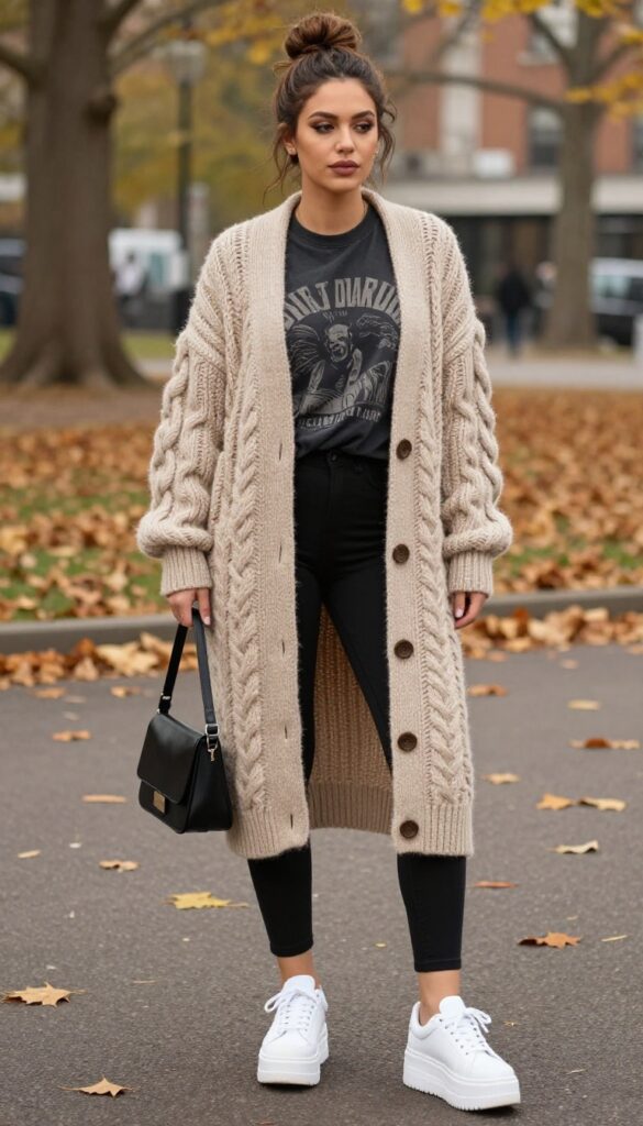 13. Long Cardigan + Graphic Tee + Biker Shorts + Platform Sneakers