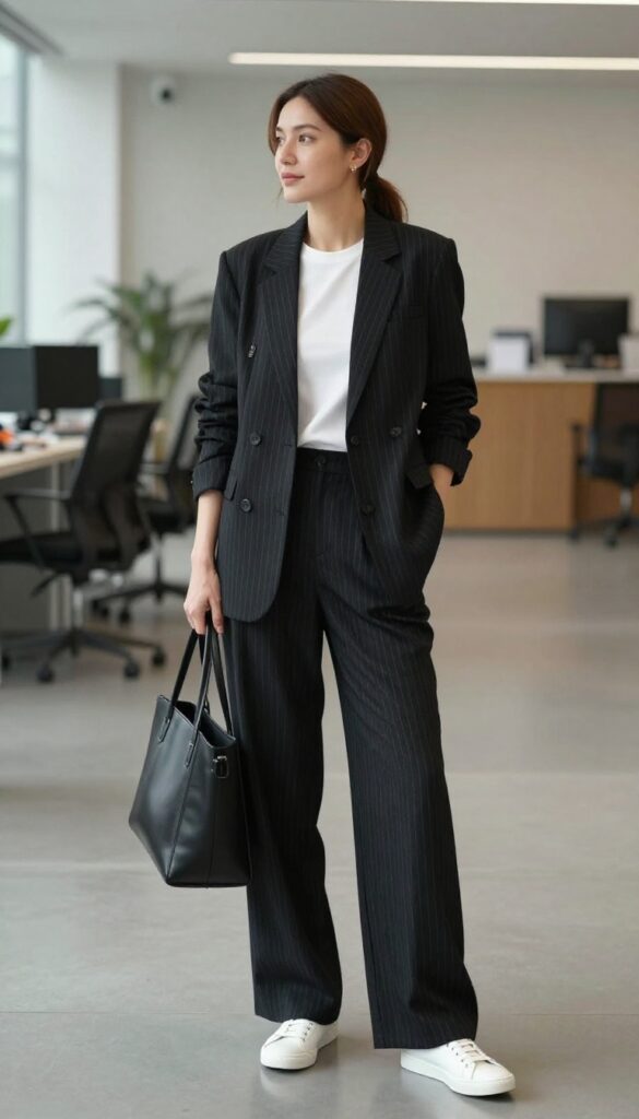 7. Pinstripe Blazer + Matching Trousers + Simple Tee