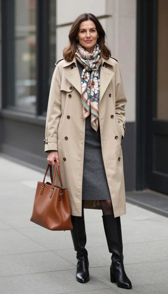 13. Trench Coat + Knit Dress + Ankle Boots
