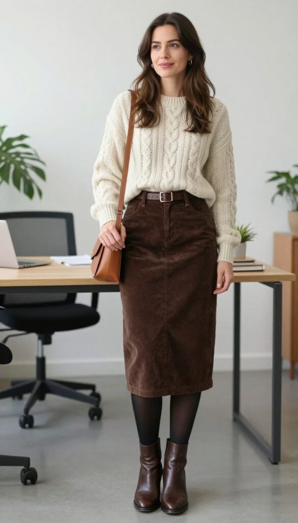 10. Cream Sweater + Brown Corduroy Skirt + Tights + Chocolate Brown Ankle Boots
