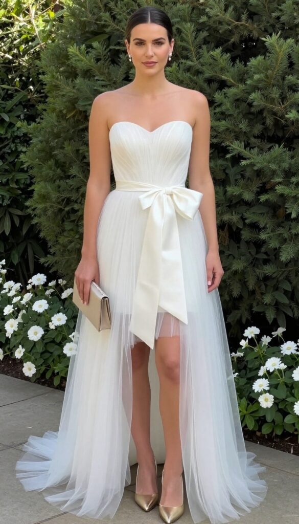 Young adult woman with natural body shape wearing high-low wedding dress with front bow and gold heels in sunny garden