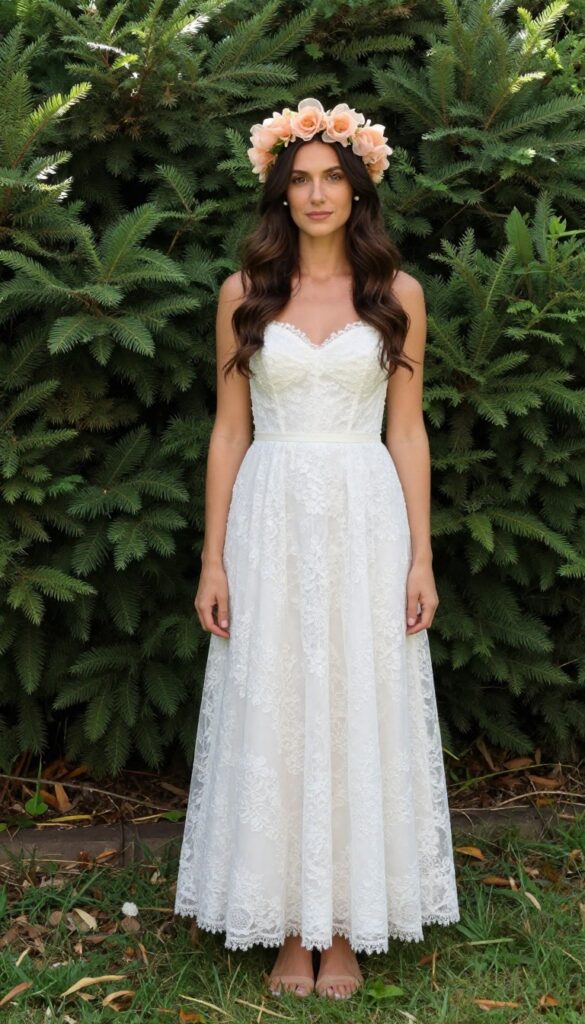 Woman in sweetheart white lace wedding dress with peach organza flower crown in sunlit garden