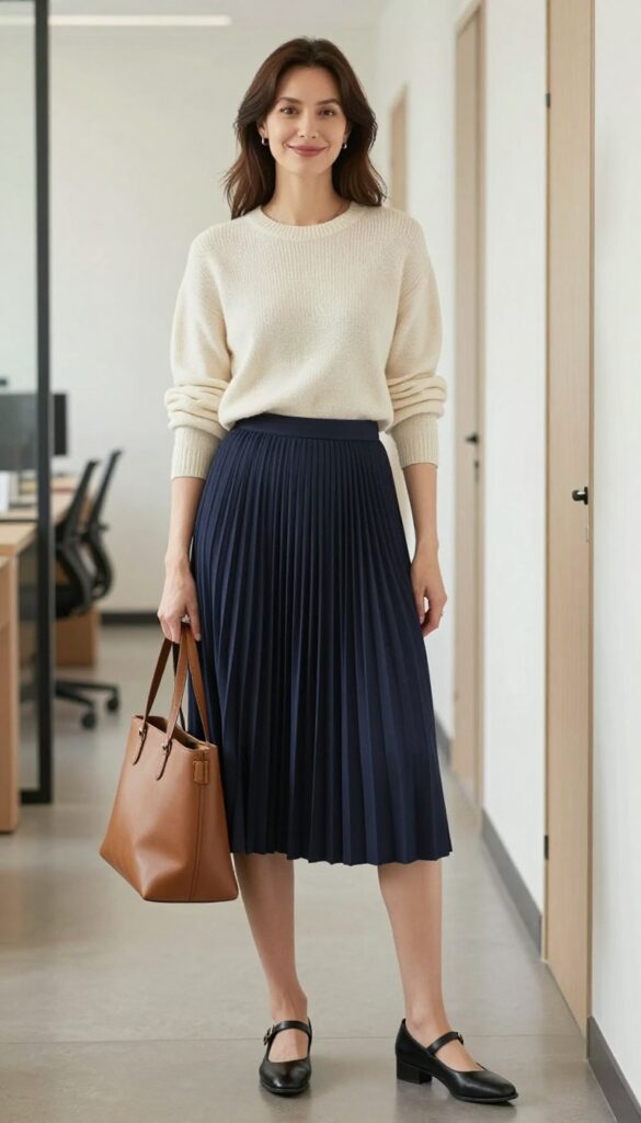 6. Pleated Skirt with a Sweater and Mary Jane Flats