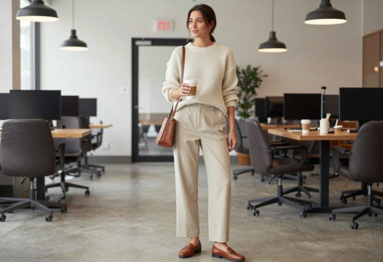 Woman in cream knit sweater and wide-leg trousers with loafers, standing in a coffee shop, casual work outfit