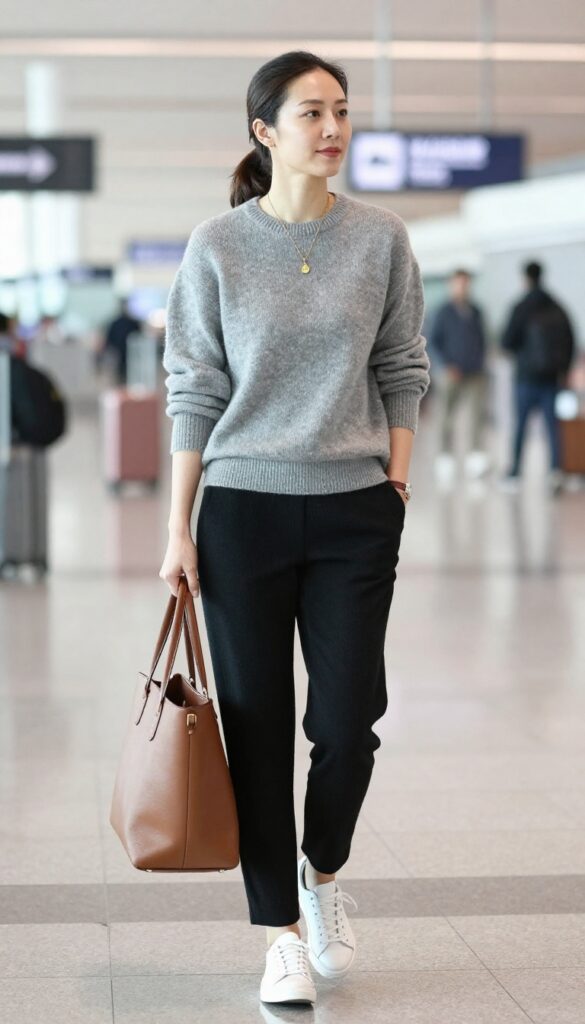 5. Ponte Knit Pants with a Cashmere Crewneck and Trainers