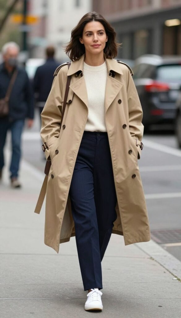 15. Trench Coat + Knit + Straight-Leg Pants + Sneakers