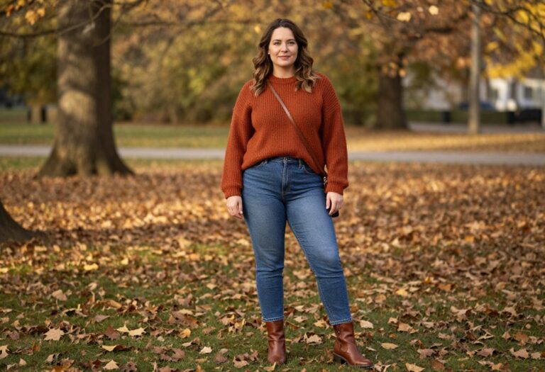 Curvy woman in rust sweater and straight jeans with ankle boots in autumn park