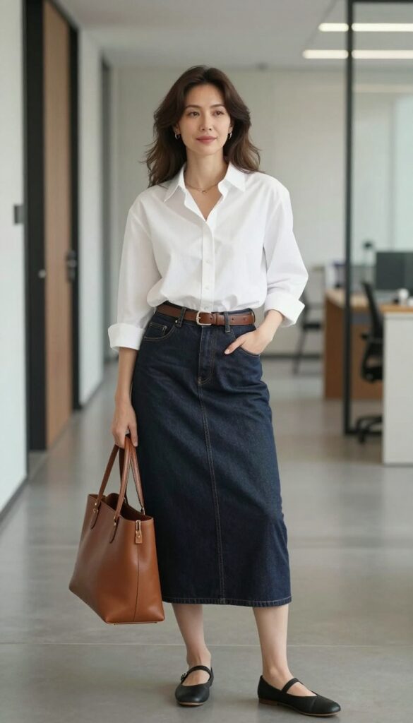 6. Denim Skirt + Button-Down Shirt + Ballet Flats