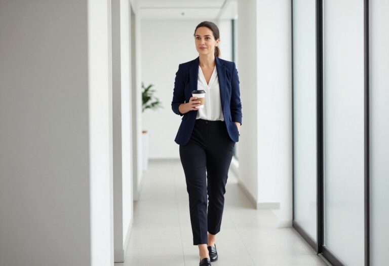 Woman in navy blue blazer with white blouse and black trousers standing in office hallway