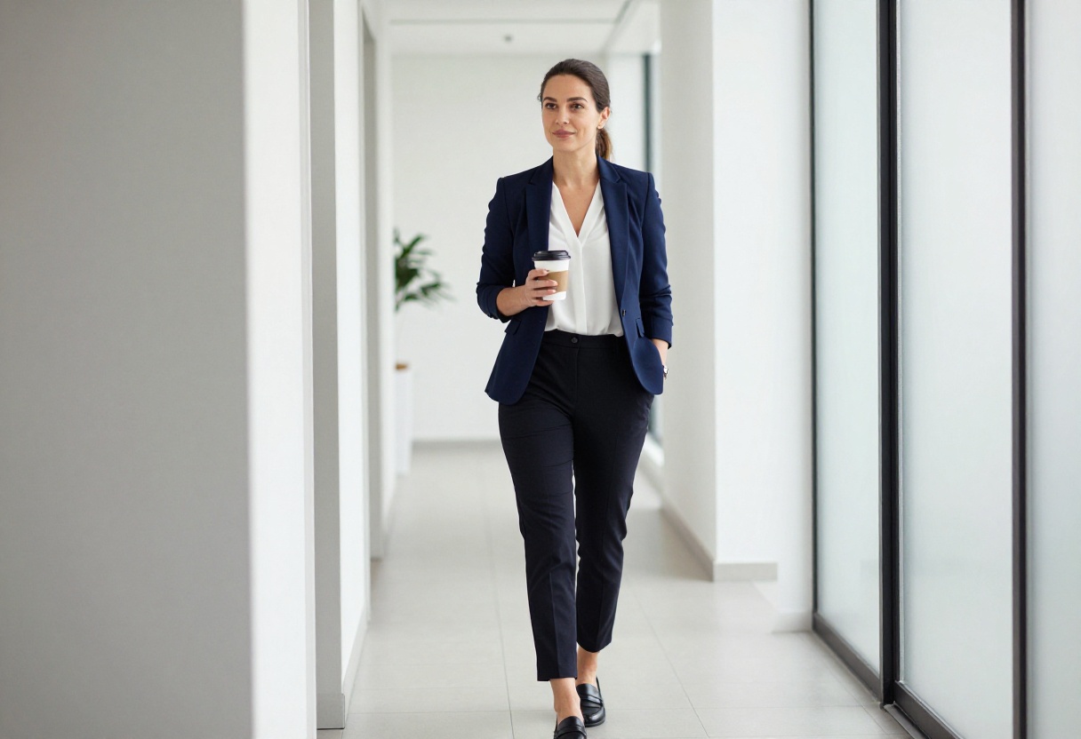 Woman in navy blue blazer with white blouse and black trousers standing in office hallway