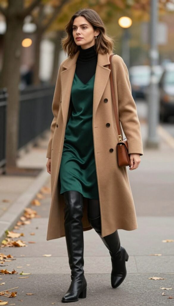 2. Slip Dress + Turtleneck + Knee-High Boots