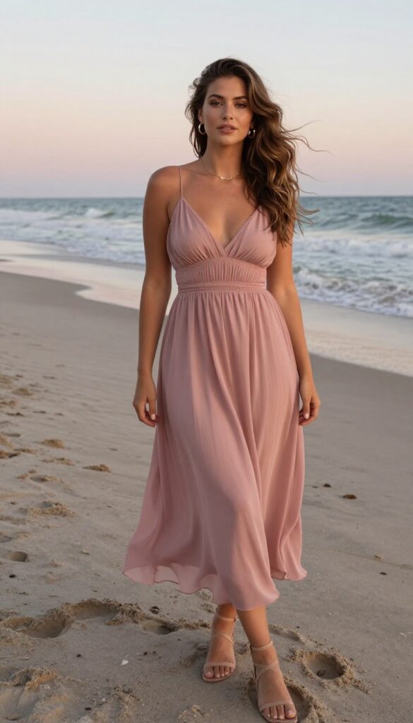 Woman in dusty rose chiffon maxi dress on beach at golden hour