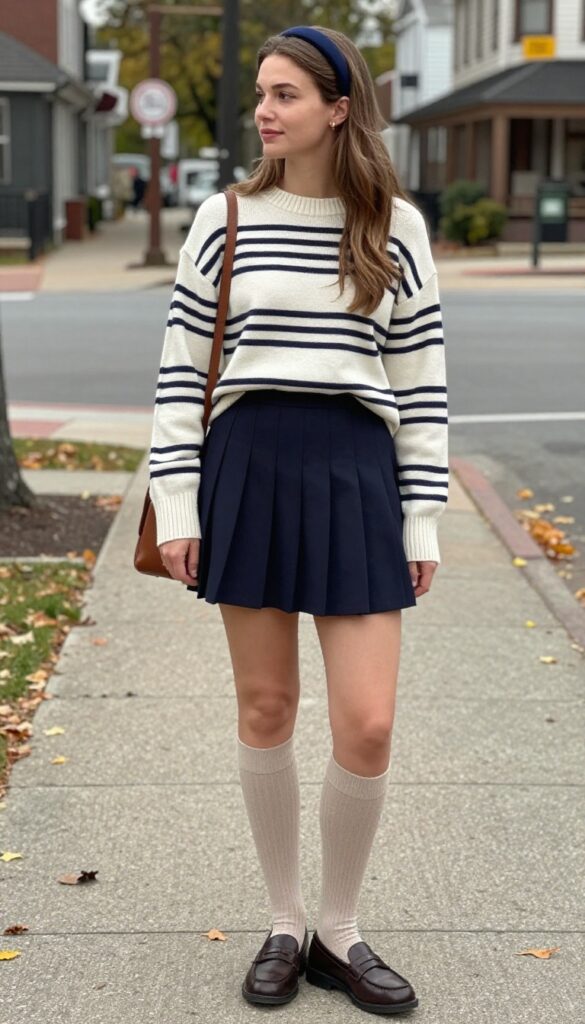 6. Fair Isle Sweater + Pleated Skirt + Knee-High Socks + Penny Loafers