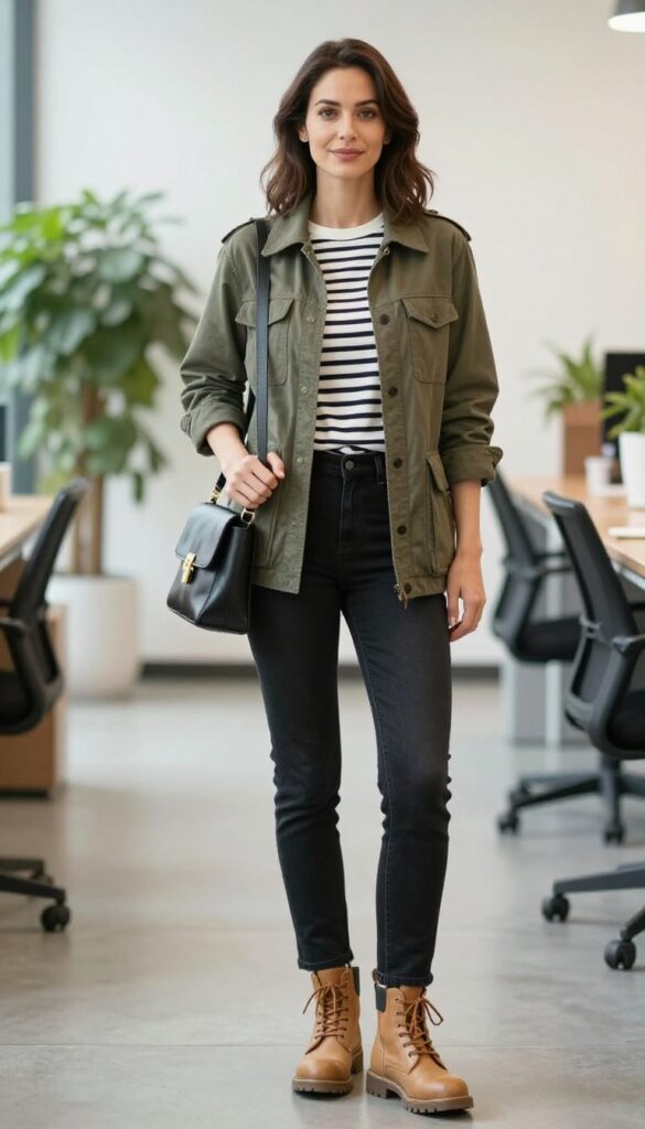 3. Olive Utility Jacket + Striped Tee + Black Skinny Jeans + Tan Combat Boots