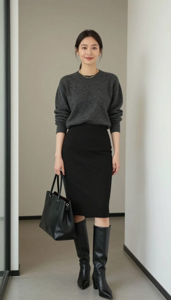 4. Black Pencil Skirt + Cashmere Sweater + Knee-High Boots
