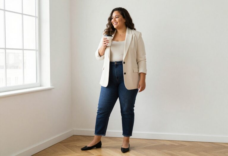 Plus size woman wearing cream blazer, dark jeans, and pointed flats, standing in a bright living room