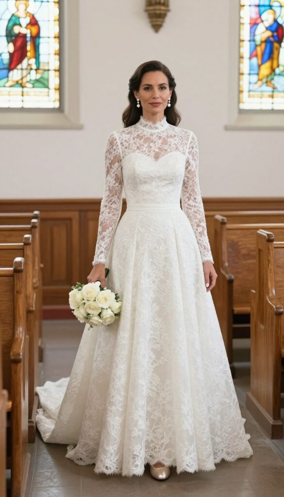 Bride in high-neck lace A-line wedding dress with pearl earrings and white rose bouquet in church