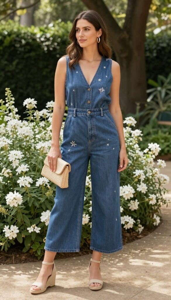 Woman in embroidered denim jumpsuit with wedges in garden