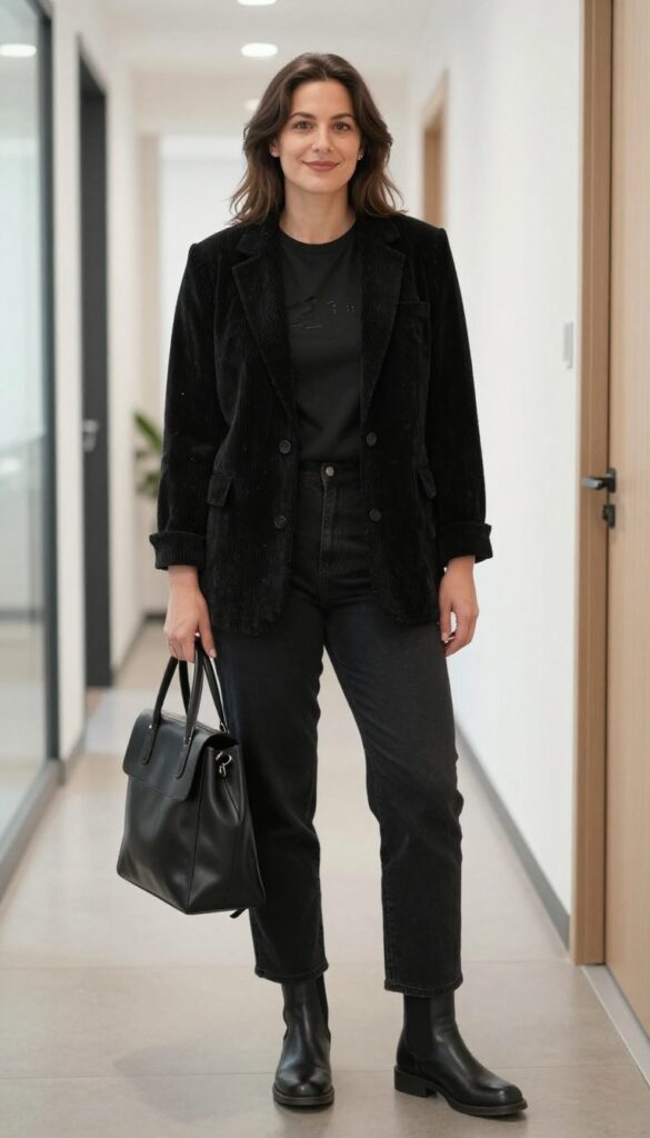 10. Black Corduroy Blazer + Band Tee + Straight-Leg Jeans