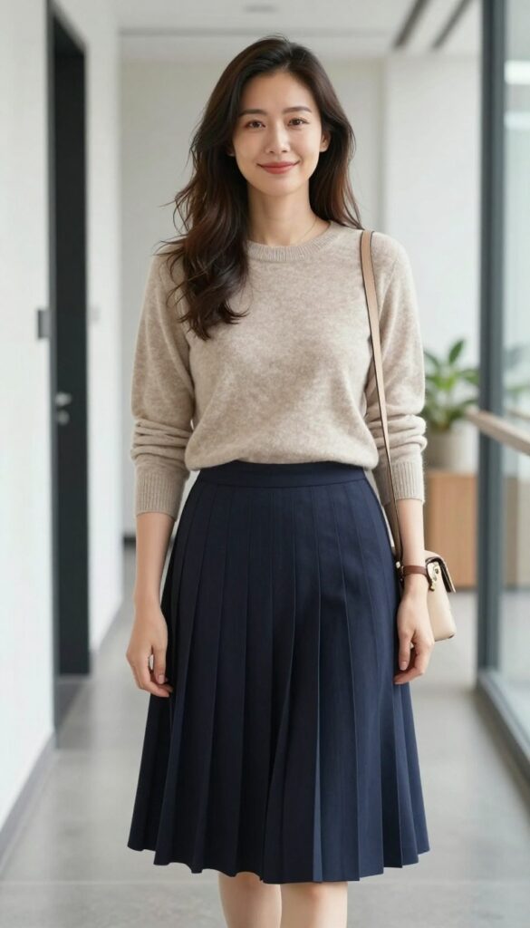 5. Cashmere Sweater and Pleated Midi Skirt