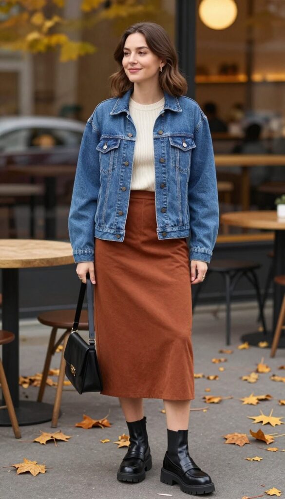 3. Denim Jacket and Midi Skirt