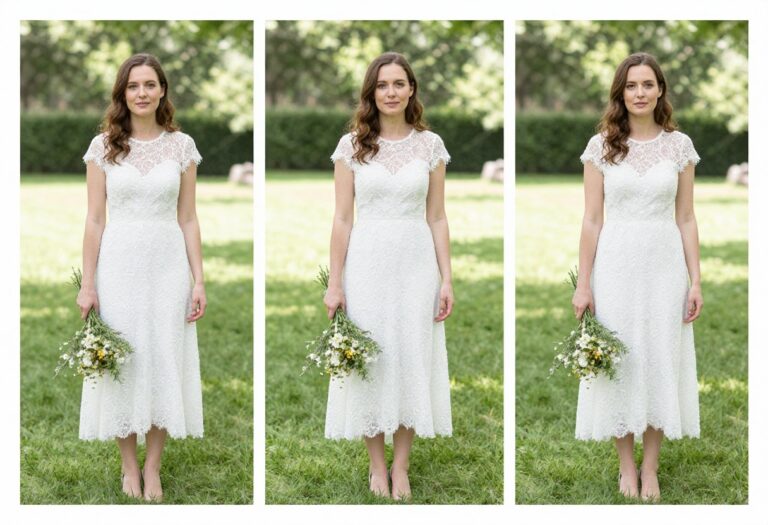 Woman in white lace cap sleeves wedding dress holding bouquet in garden