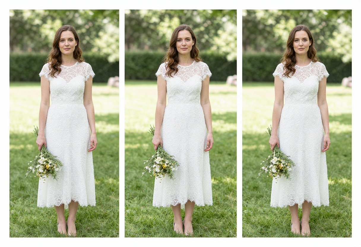 Woman in white lace cap sleeves wedding dress holding bouquet in garden