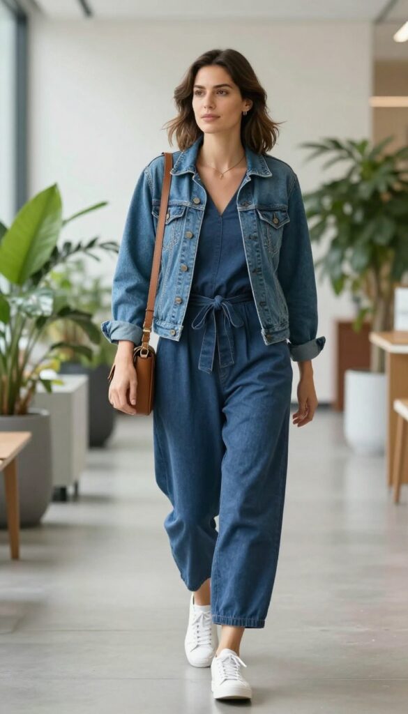 15. Jumpsuit + Denim Jacket + White Sneakers