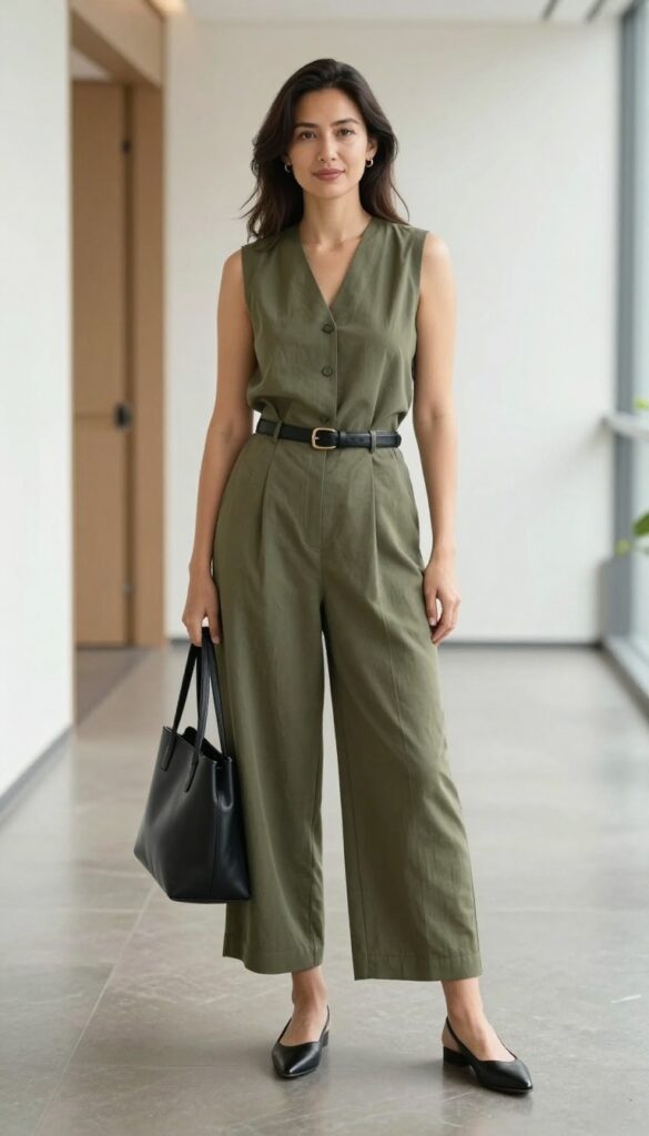 8. Jumpsuit with a Belt and Minimalist Flats