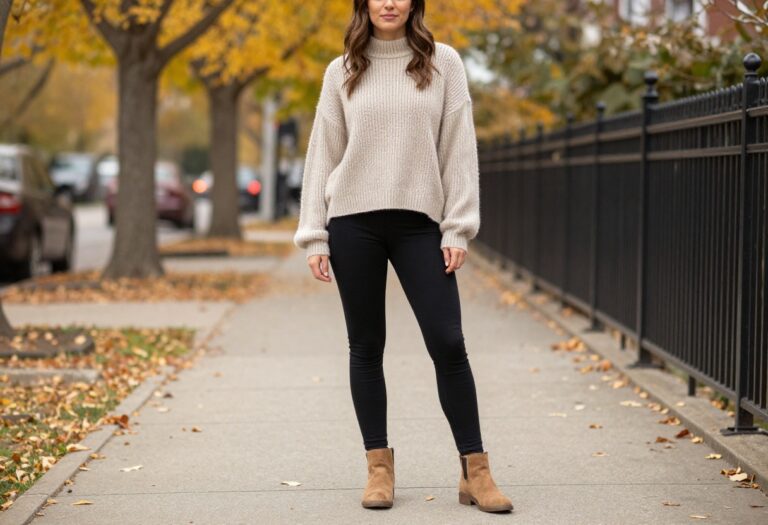 Woman in oversized sweater and leggings with ankle boots in fall setting