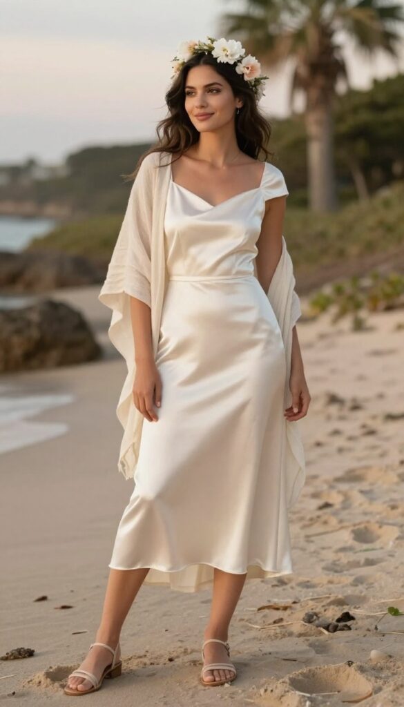 Beachside boho wedding outfit: champagne satin cap sleeve dress, floral crown, barefoot sandals, linen shawl, sunset beach setting.
