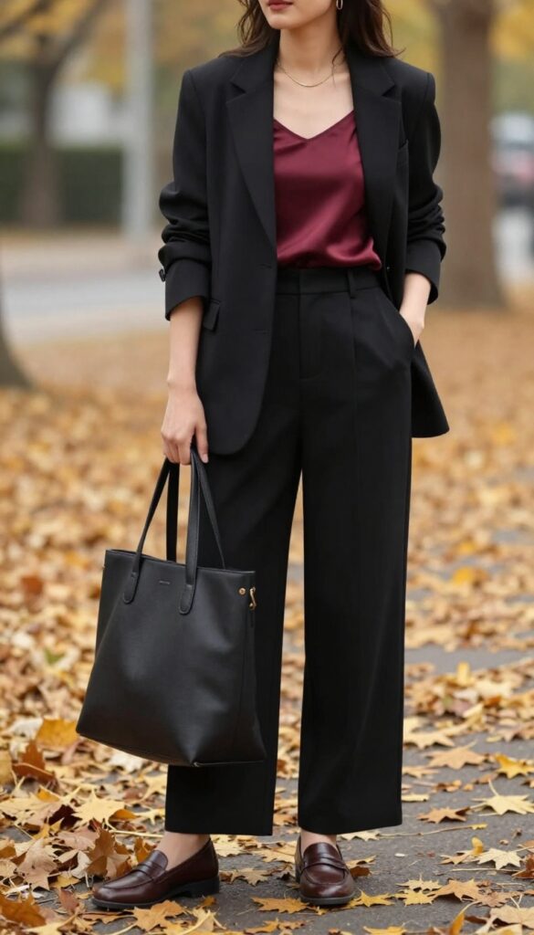 2. Black Blazer + Silk Camisole + Wide-Leg Trousers + Loafers