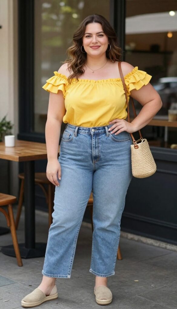 8. Ruffled Off-Shoulder Top with White Jeans