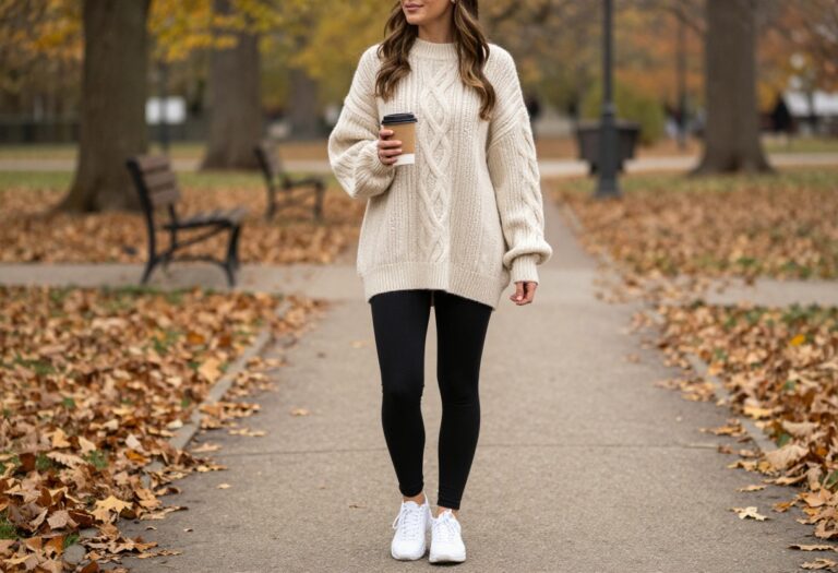 Woman in oversized sweater and leggings holding coffee in autumn park