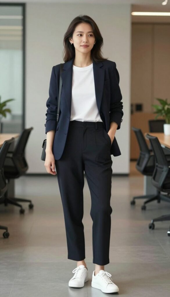 1. Blazer + White Tee + Cropped Trousers + White Sneakers