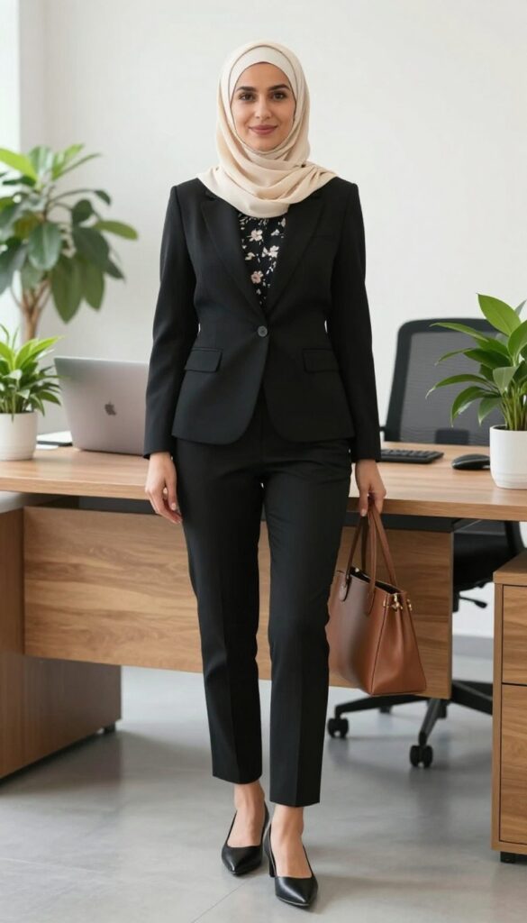 11. Printed Blouse + Black Trousers + Blazer