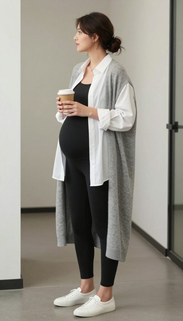2. Maternity Leggings with an Oversized Button-Down